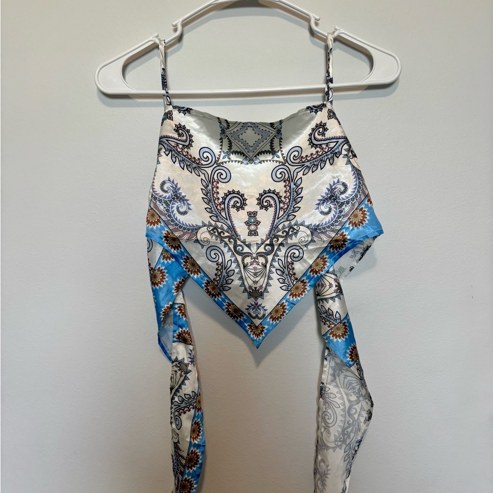 Shein Blue and White Paisley Scarf Top